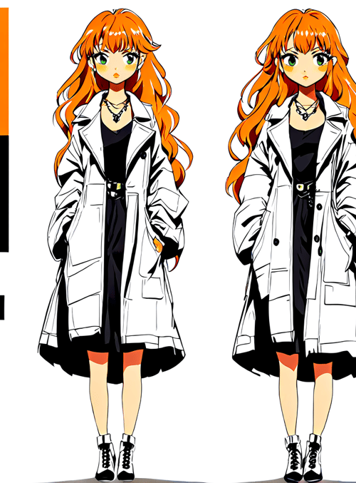 anime girl, orange hair, white coat, black dress, high heels, necklace