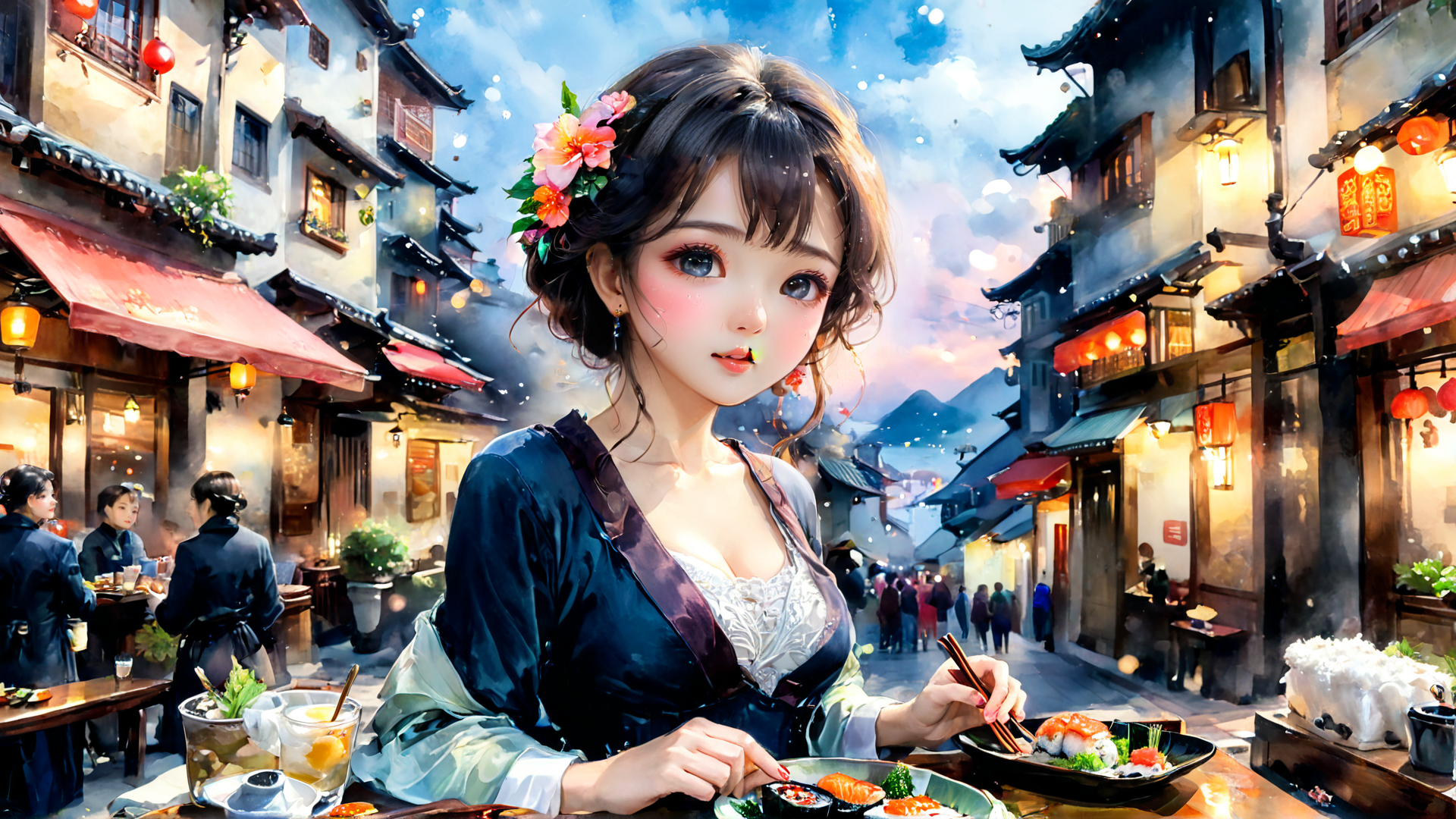 AI generated wallpaper featuring woman, street, food