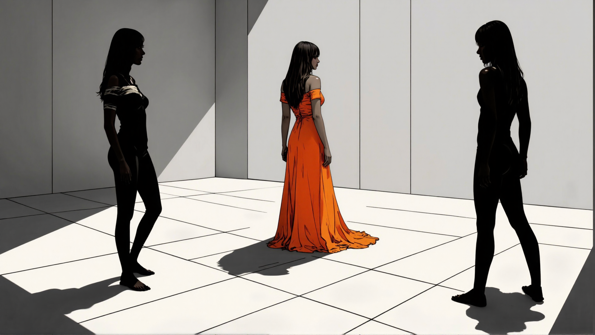 AI generated wallpaper featuring woman, silhouette, dress, room, shadows, floor