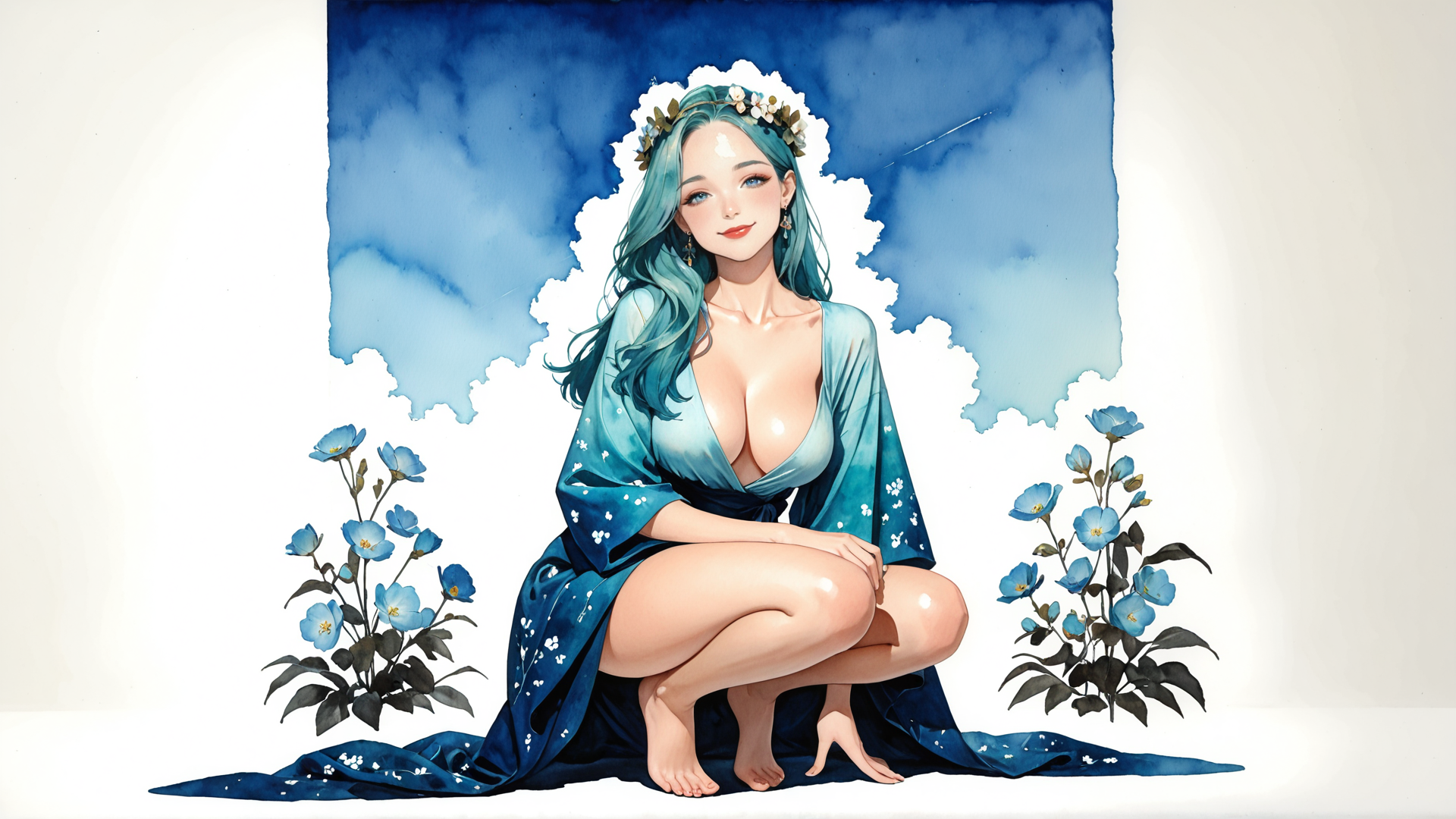 AI generated wallpaper featuring woman, flower, dress, hair, cloud