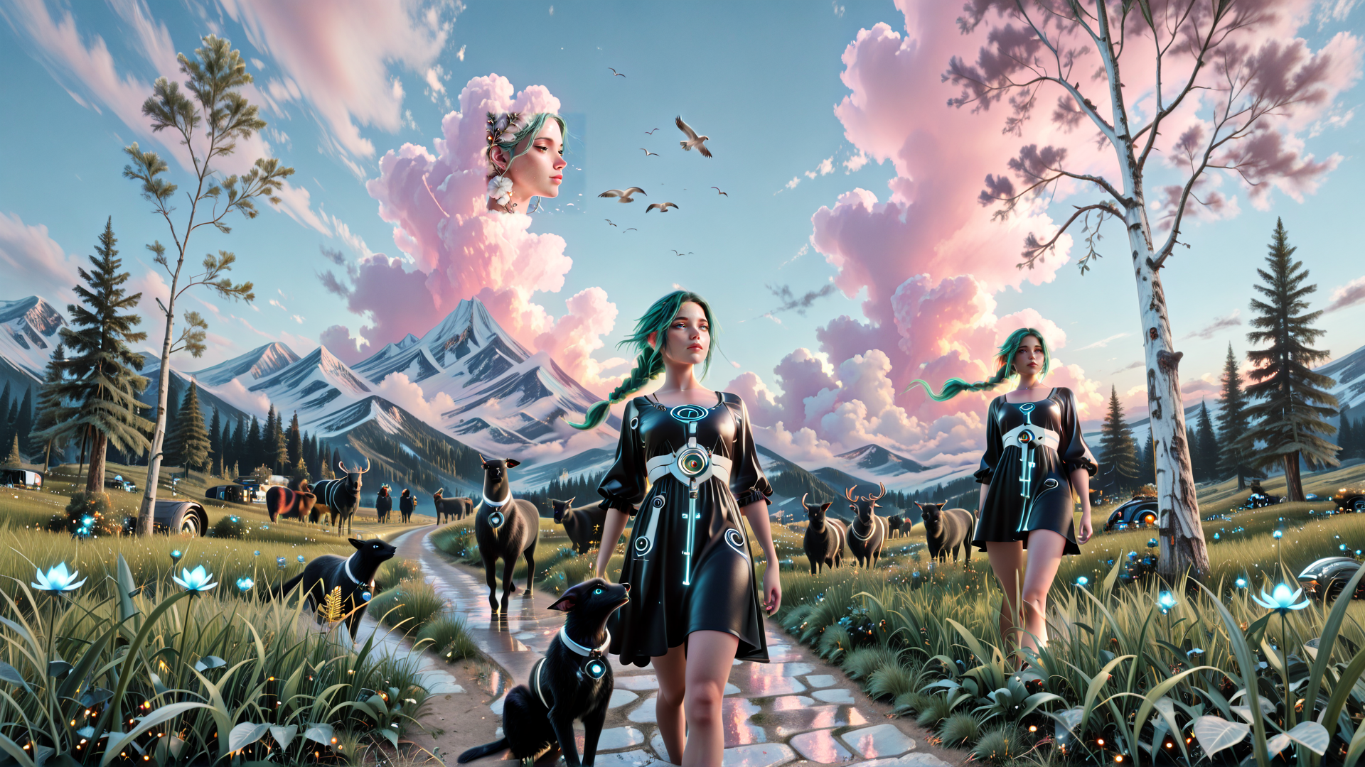 AI generated wallpaper featuring woman, cloud, sheep, mountain, tree, dog, cow, flower, bird, path