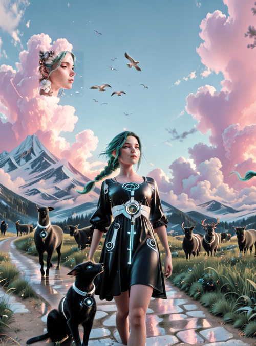 woman, cloud, sheep, mountain, tree, dog, cow, flower, bird, path