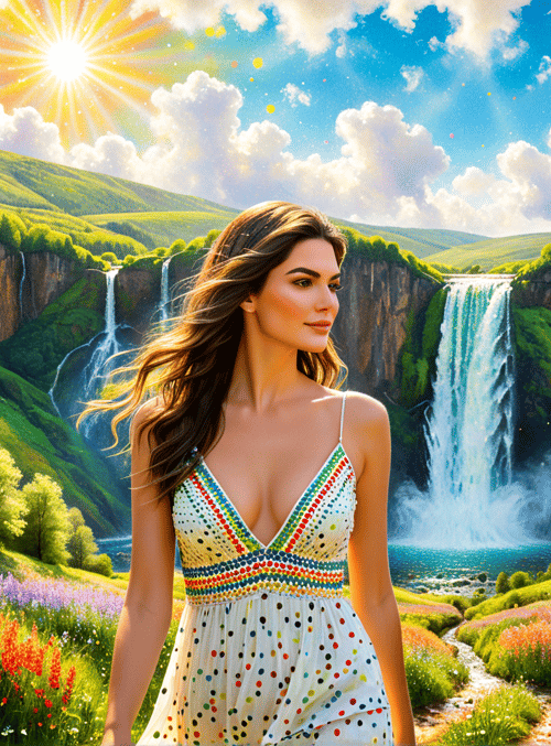 woman, waterfall, flowers, trees, mountains, sun, sky, path, cliffs, dresses