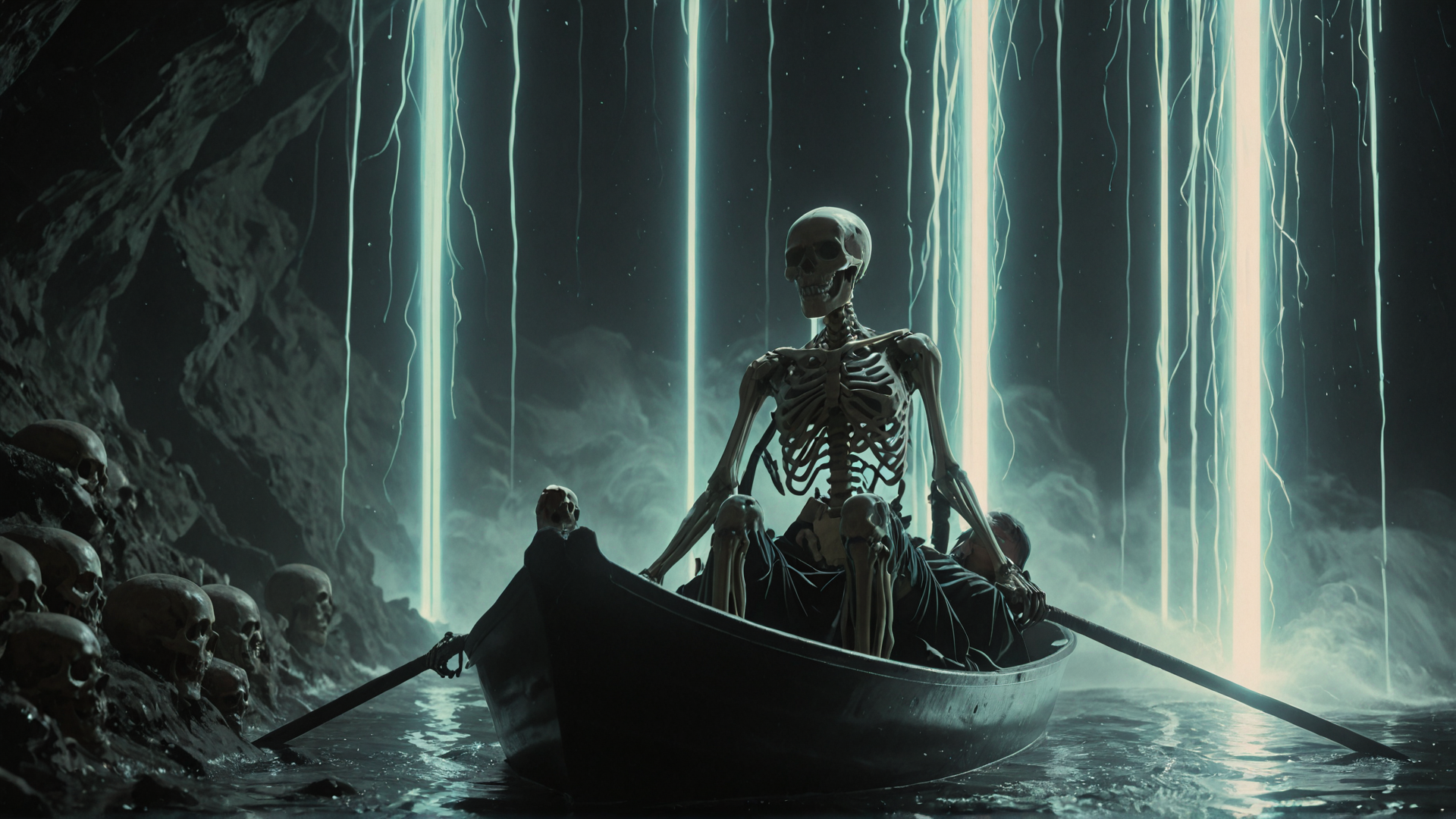 AI generated wallpaper featuring skeleton, boat, skulls