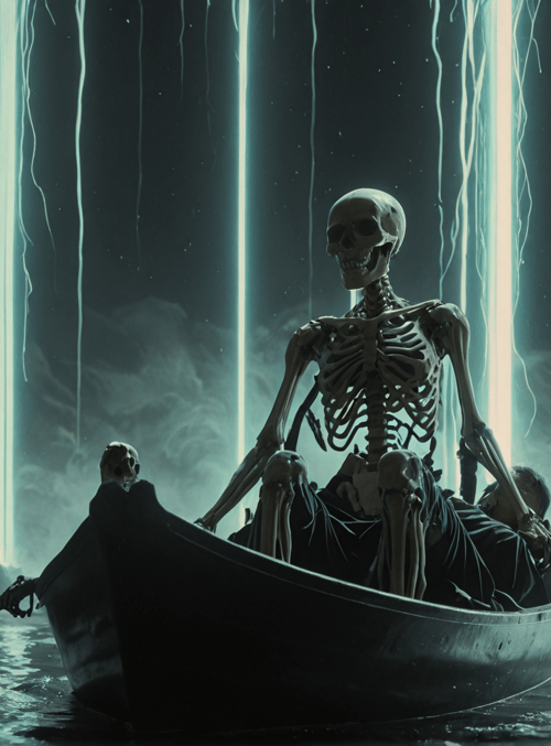 skeleton, boat, skulls