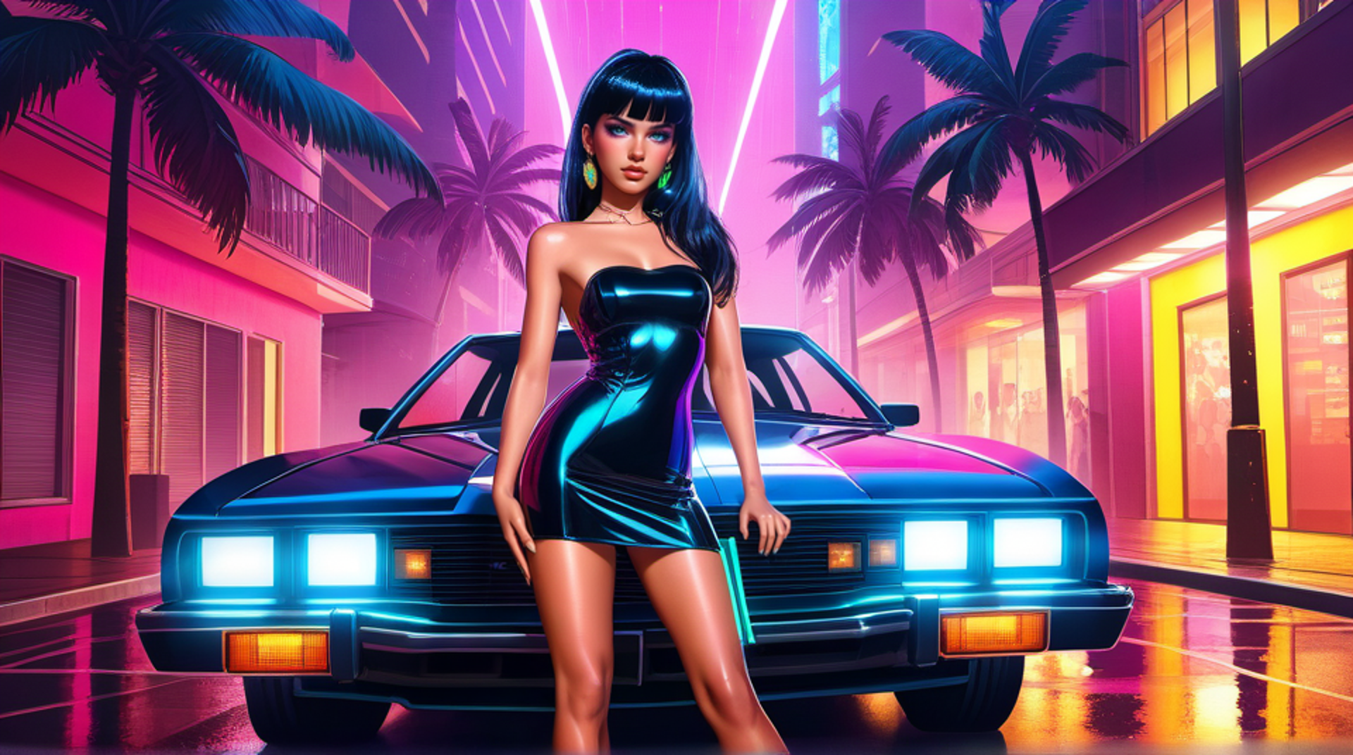 AI generated wallpaper featuring woman, car, palm trees