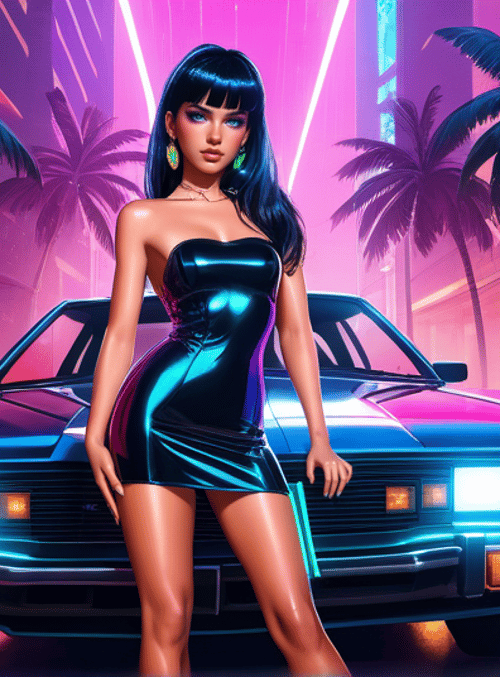 woman, car, palm trees