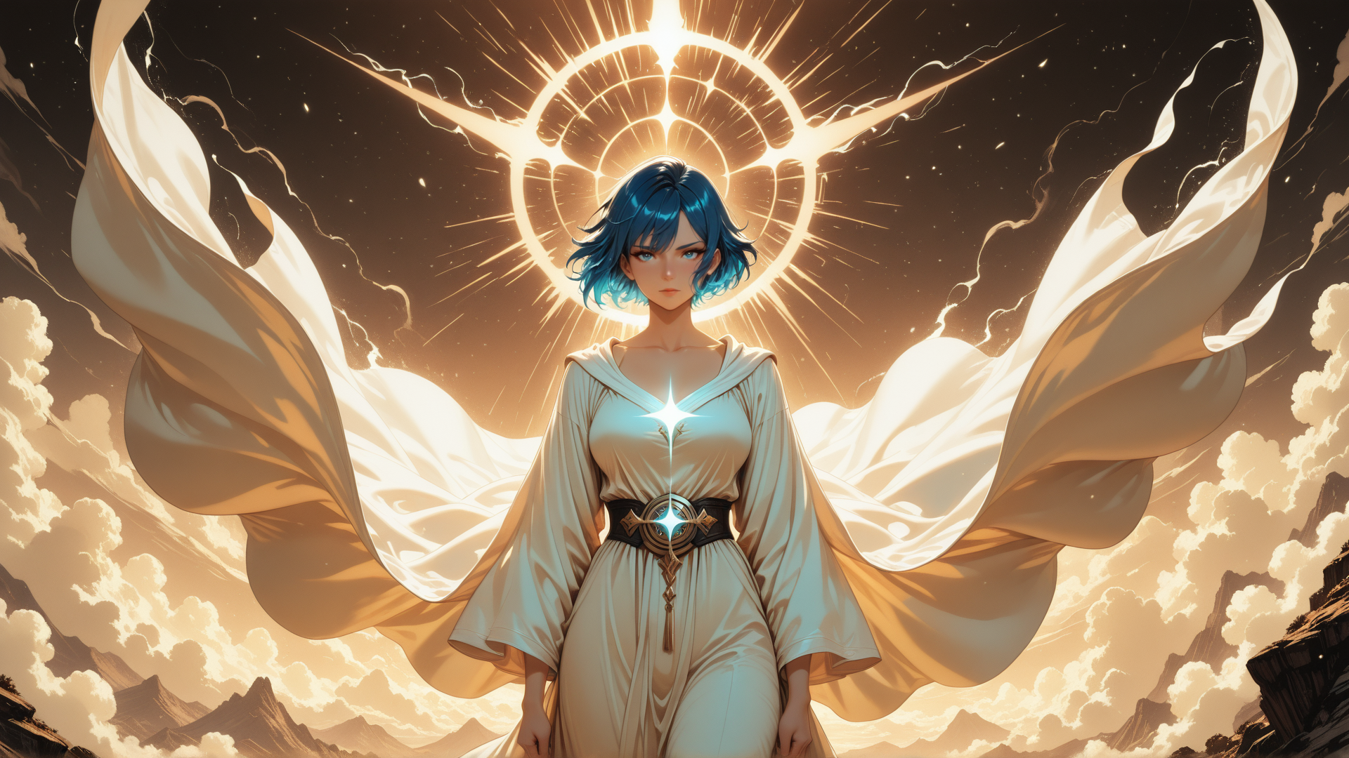 AI generated wallpaper featuring woman, angel, solar, light, radiance