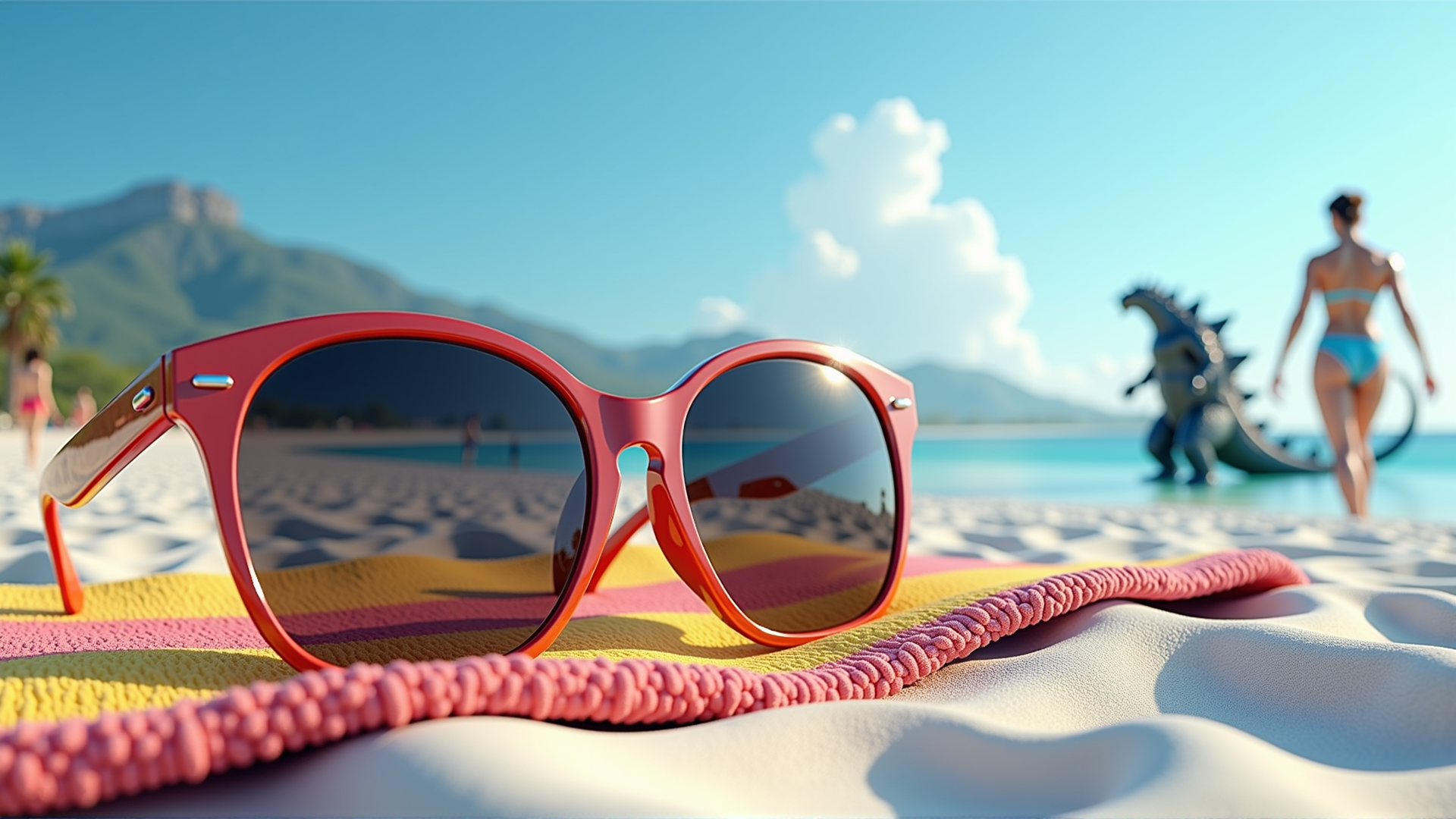 AI generated wallpaper featuring sunglasses, beach, giant