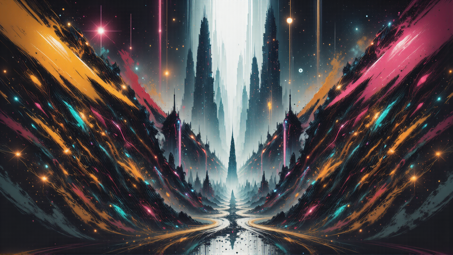 AI generated wallpaper featuring city, skyscrapers, mountains, river, stars, lamps, buildings, light beams, canyon, space