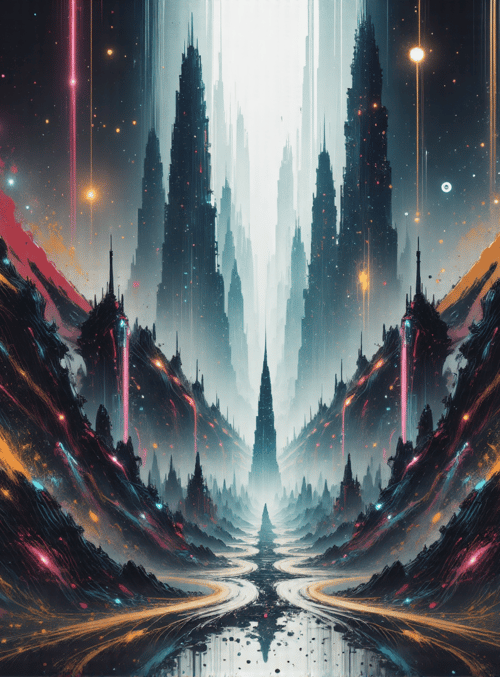 city, skyscrapers, mountains, river, stars, lamps, buildings, light beams, canyon, space