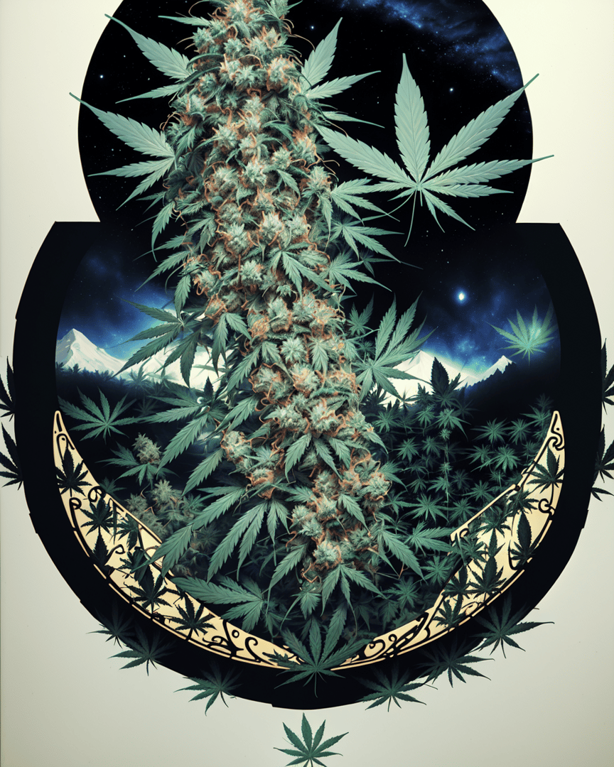 AI generated wallpaper featuring marijuana, plant, leaves, cannabis, tree, flower, mountains, moon, stars, nature