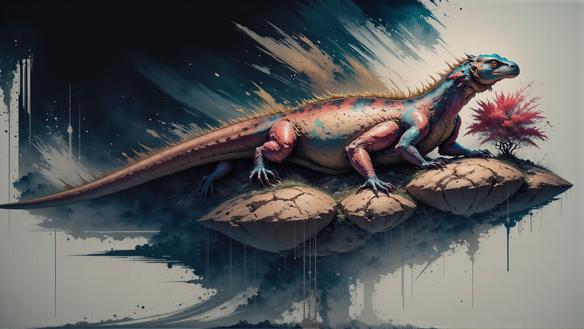 AI generated wallpaper featuring dragon, lizard, rock