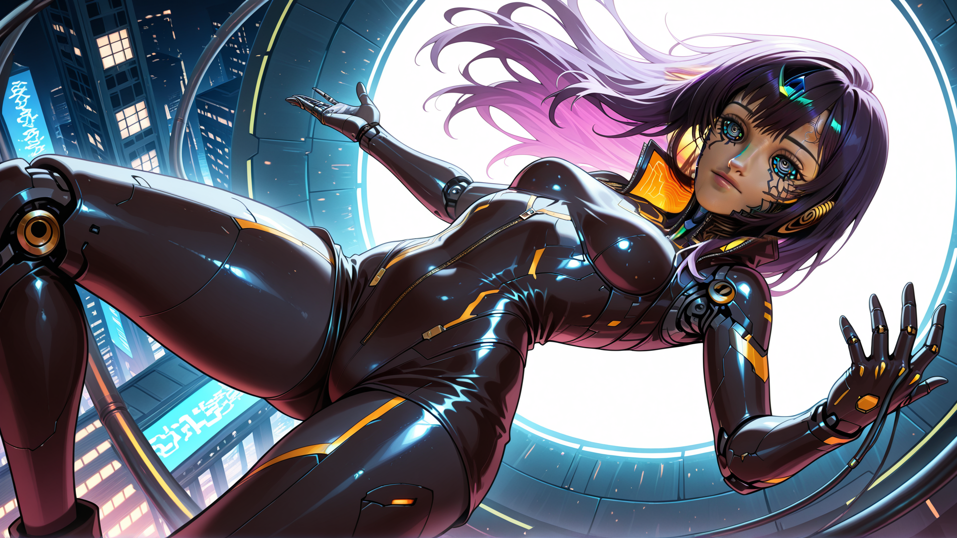 AI generated wallpaper featuring cyborg, woman, robot, anime, futurism, sleek, cityscape, neon, cyberpunk, suit