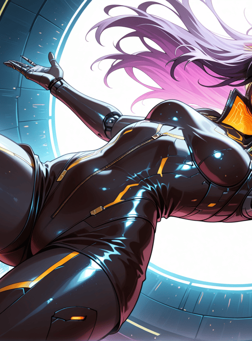 cyborg, woman, robot, anime, futurism, sleek, cityscape, neon, cyberpunk, suit