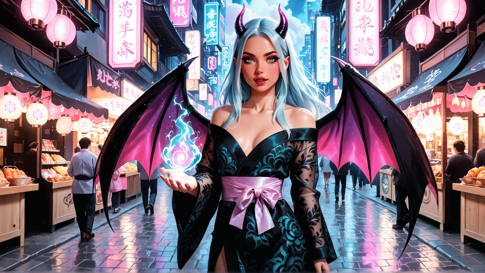 AI generated wallpaper featuring devil, woman, angel, dragon, demon, market, street, lantern, magic, soul