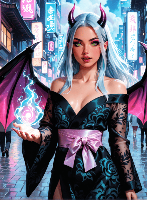 devil, woman, angel, dragon, demon, market, street, lantern, magic, soul