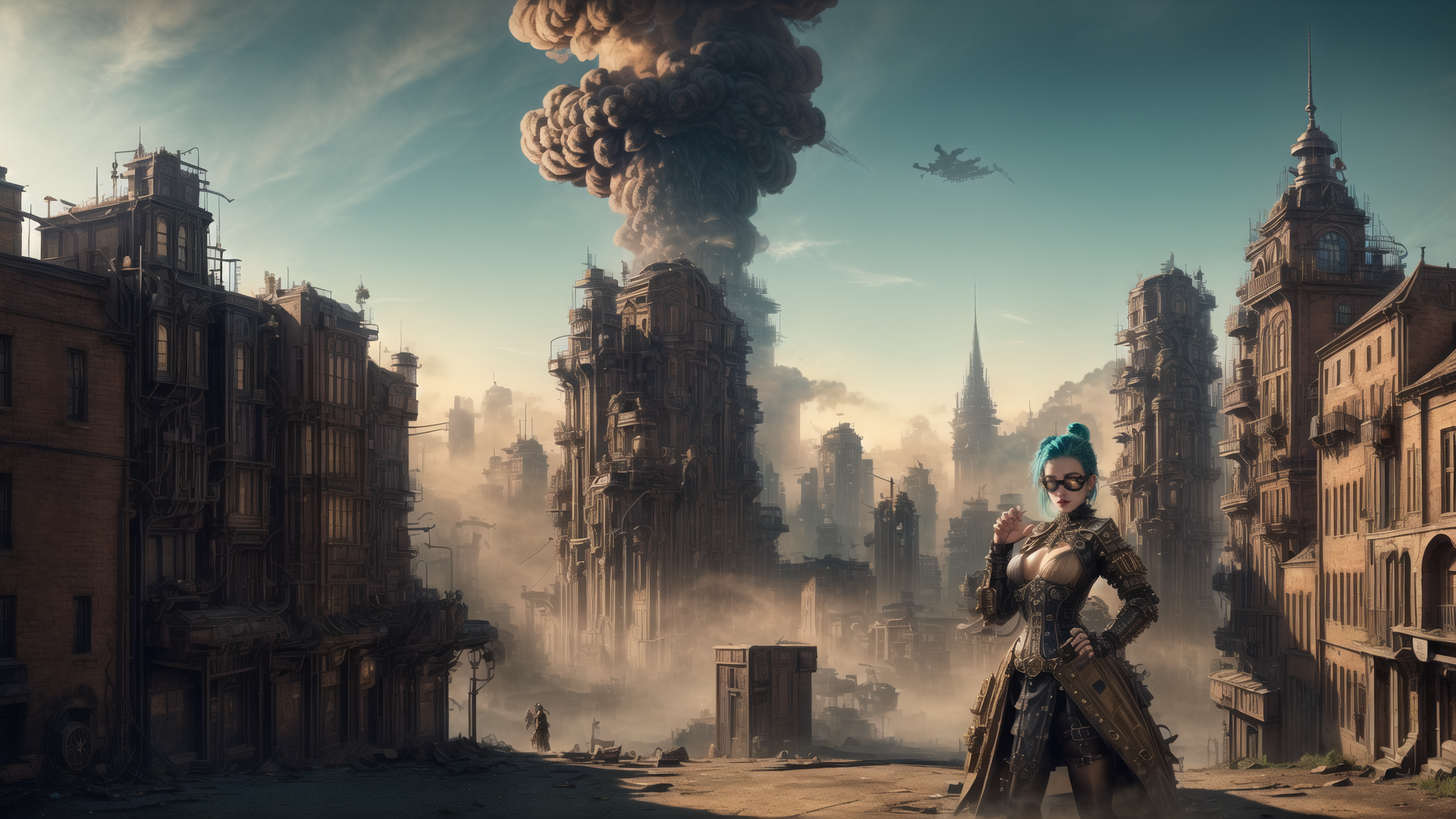 AI generated wallpaper featuring woman, cityscape, skyscraper