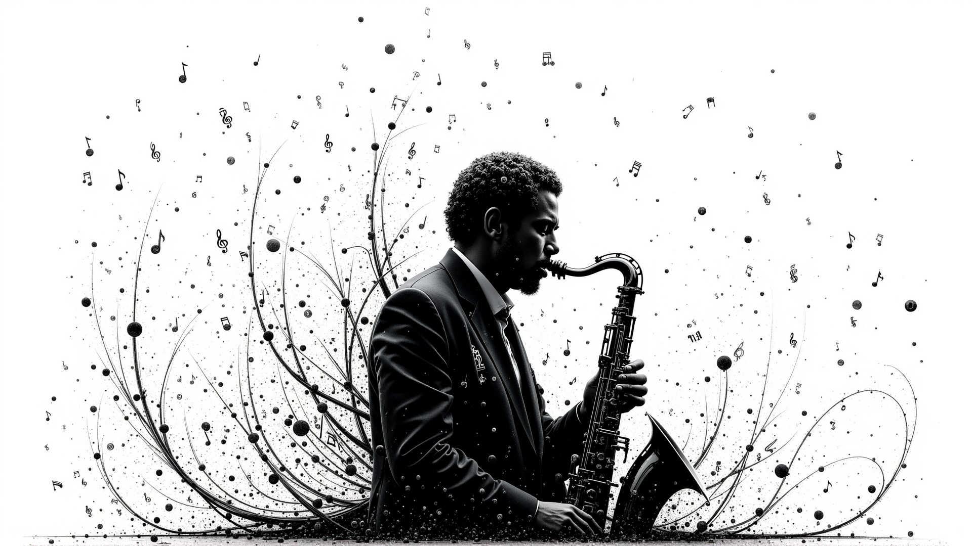 AI generated wallpaper featuring saxophonist, music notes, abstract, saxophone, man, dots, lines
