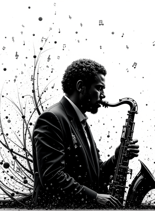 saxophonist, music notes, abstract, saxophone, man, dots, lines