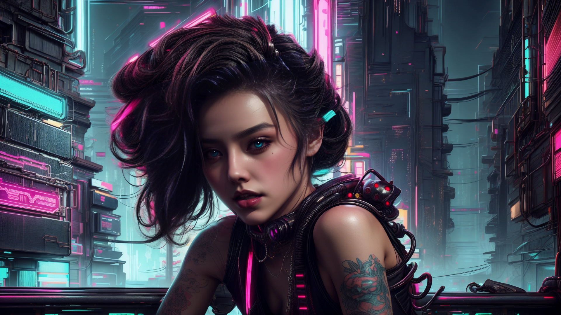 AI generated wallpaper featuring woman, cyberpunk, city