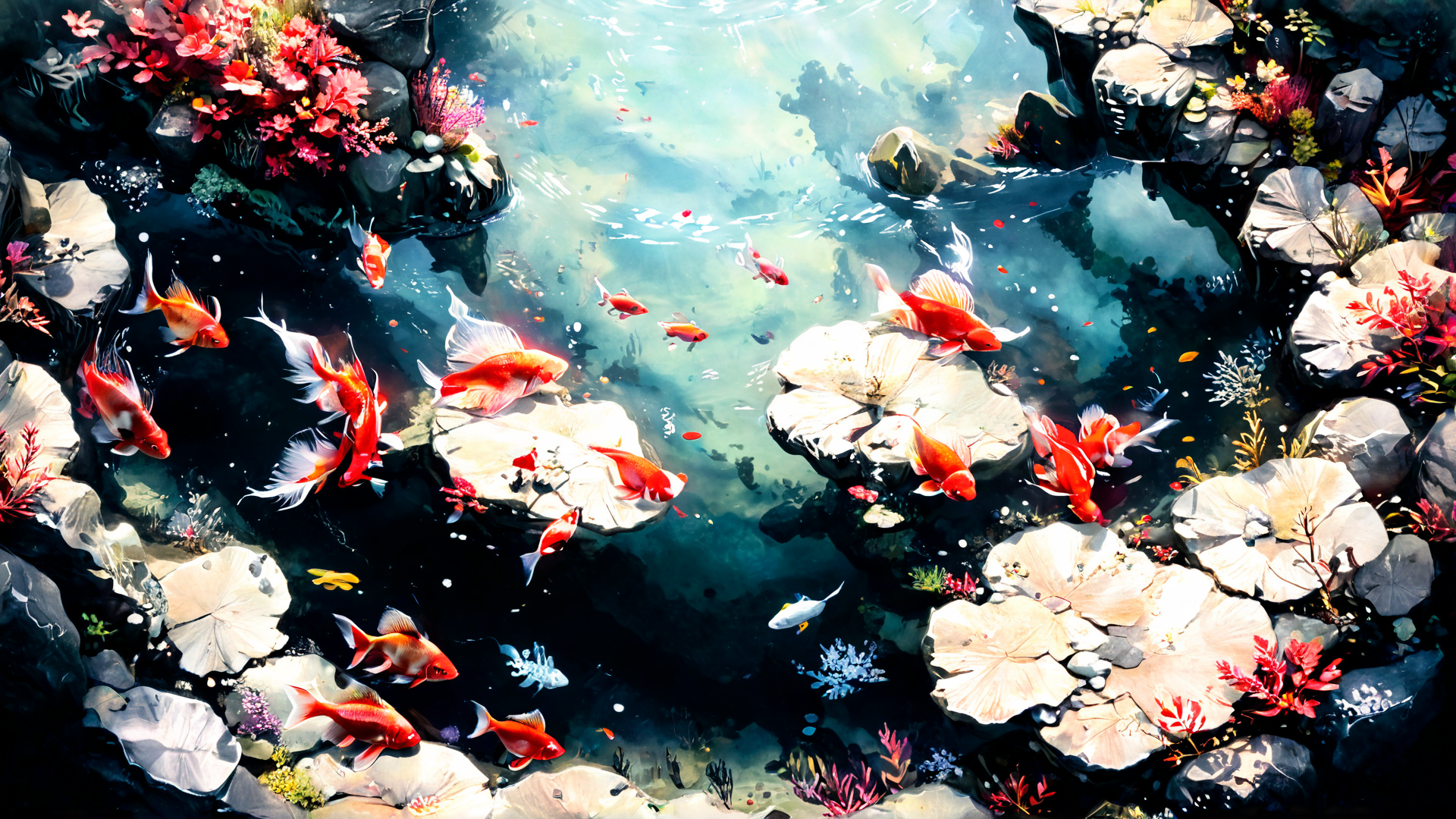 AI generated wallpaper featuring fish, lotus, rocks