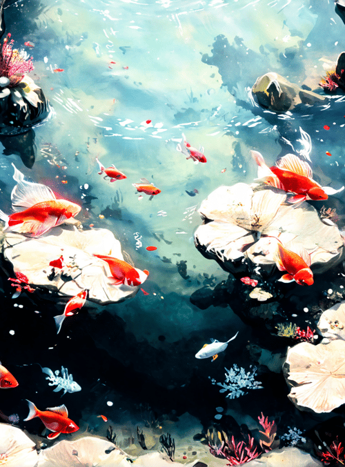 fish, lotus, rocks