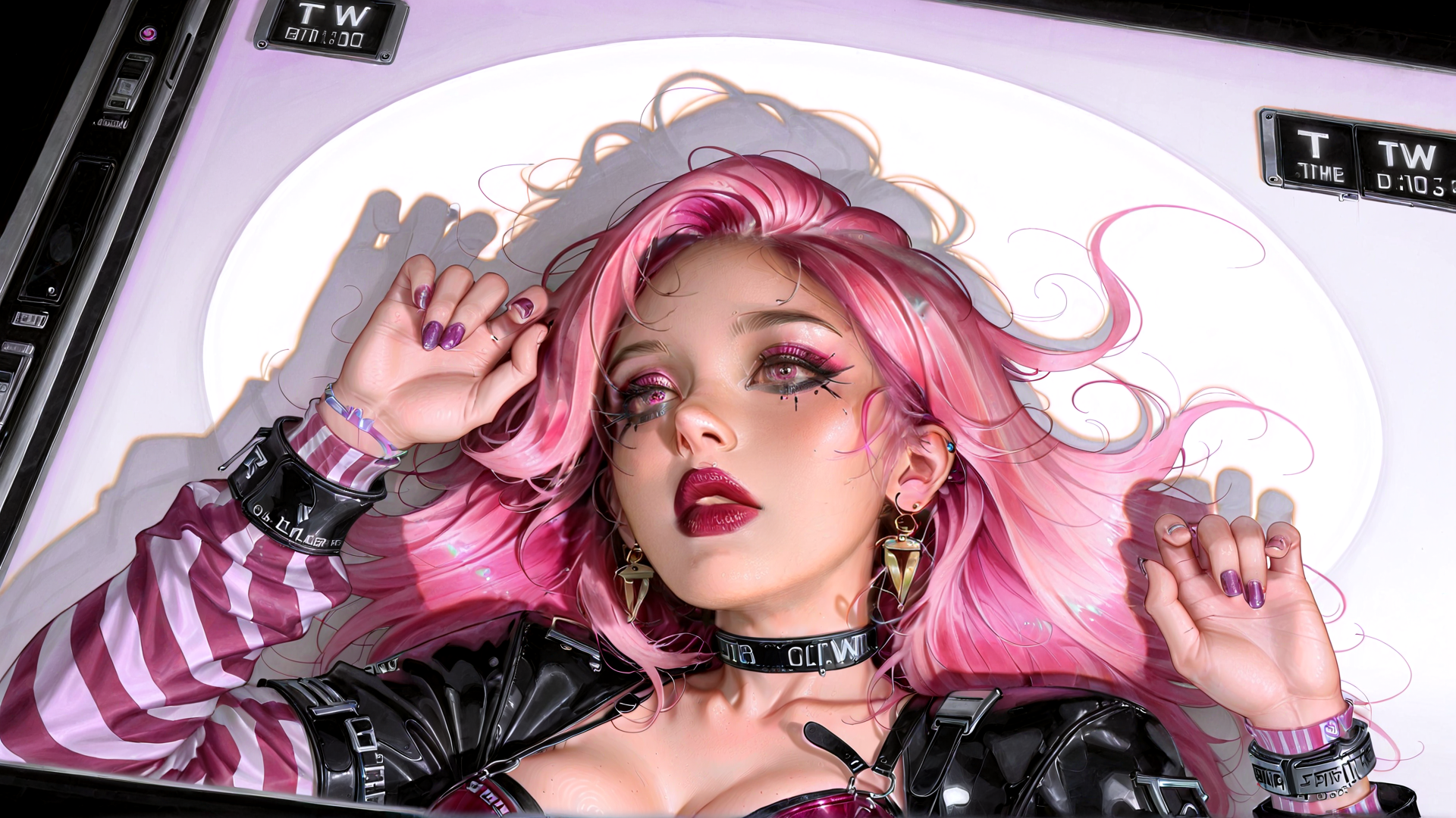 AI generated wallpaper featuring woman, pink hair, cyberpunk, choker, earrings, gloves, striped shirt, leather jacket, wristbands, nails