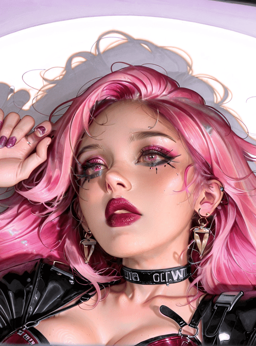 woman, pink hair, cyberpunk, choker, earrings, gloves, striped shirt, leather jacket, wristbands, nails
