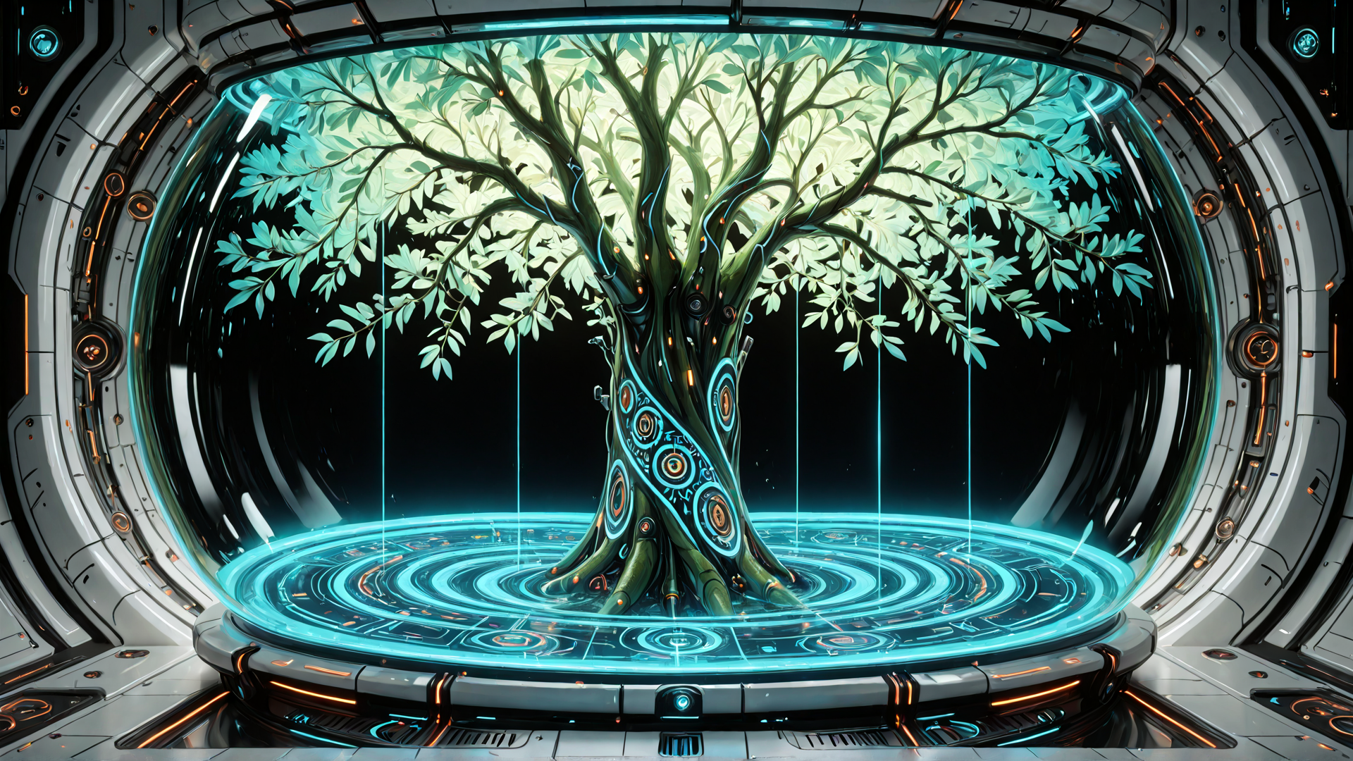 AI generated wallpaper featuring tree, cyberpunk, neon, globe, tech, digital, surreal, futuristic, glowing, circles