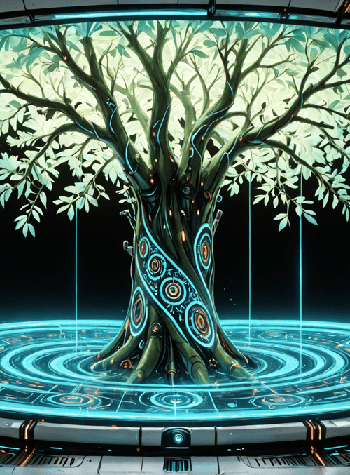 tree, cyberpunk, neon, globe, tech, digital, surreal, futuristic, glowing, circles