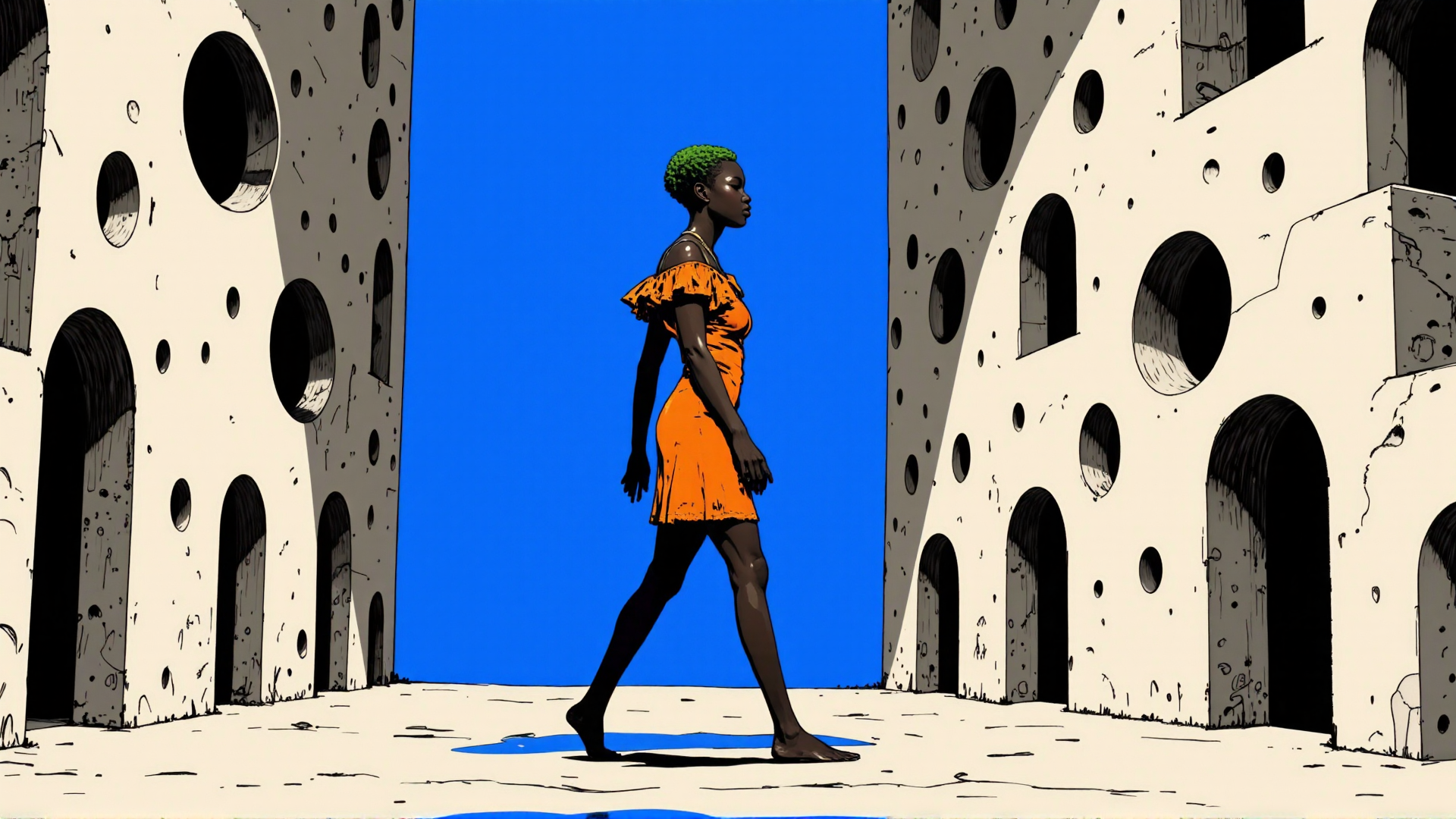 AI generated wallpaper featuring woman, dress, buildings, street