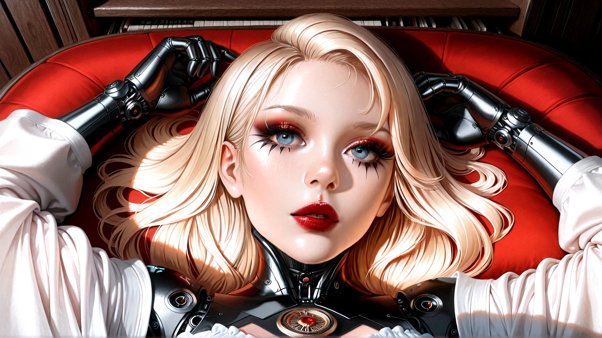AI generated wallpaper featuring woman, robot, arm, piano, chairs