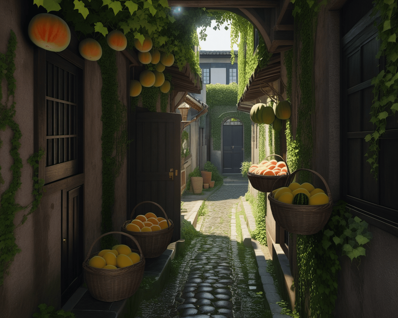 AI generated wallpaper featuring alley, fruit baskets, vine-covered walls