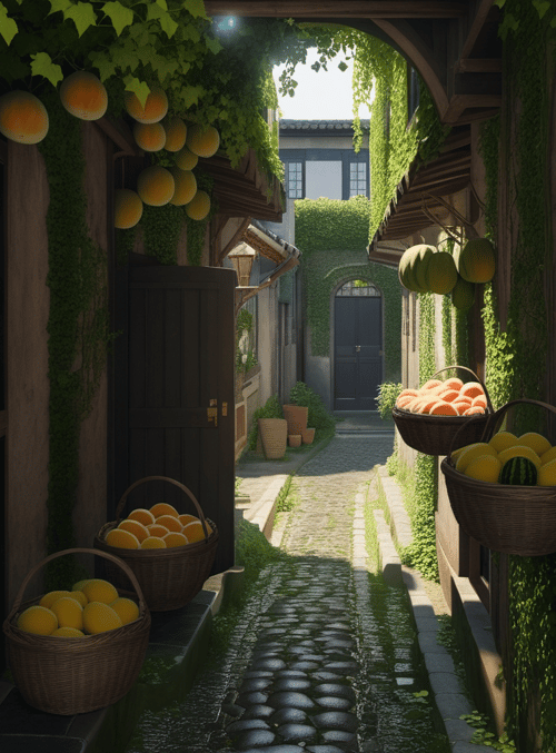 alley, fruit baskets, vine-covered walls