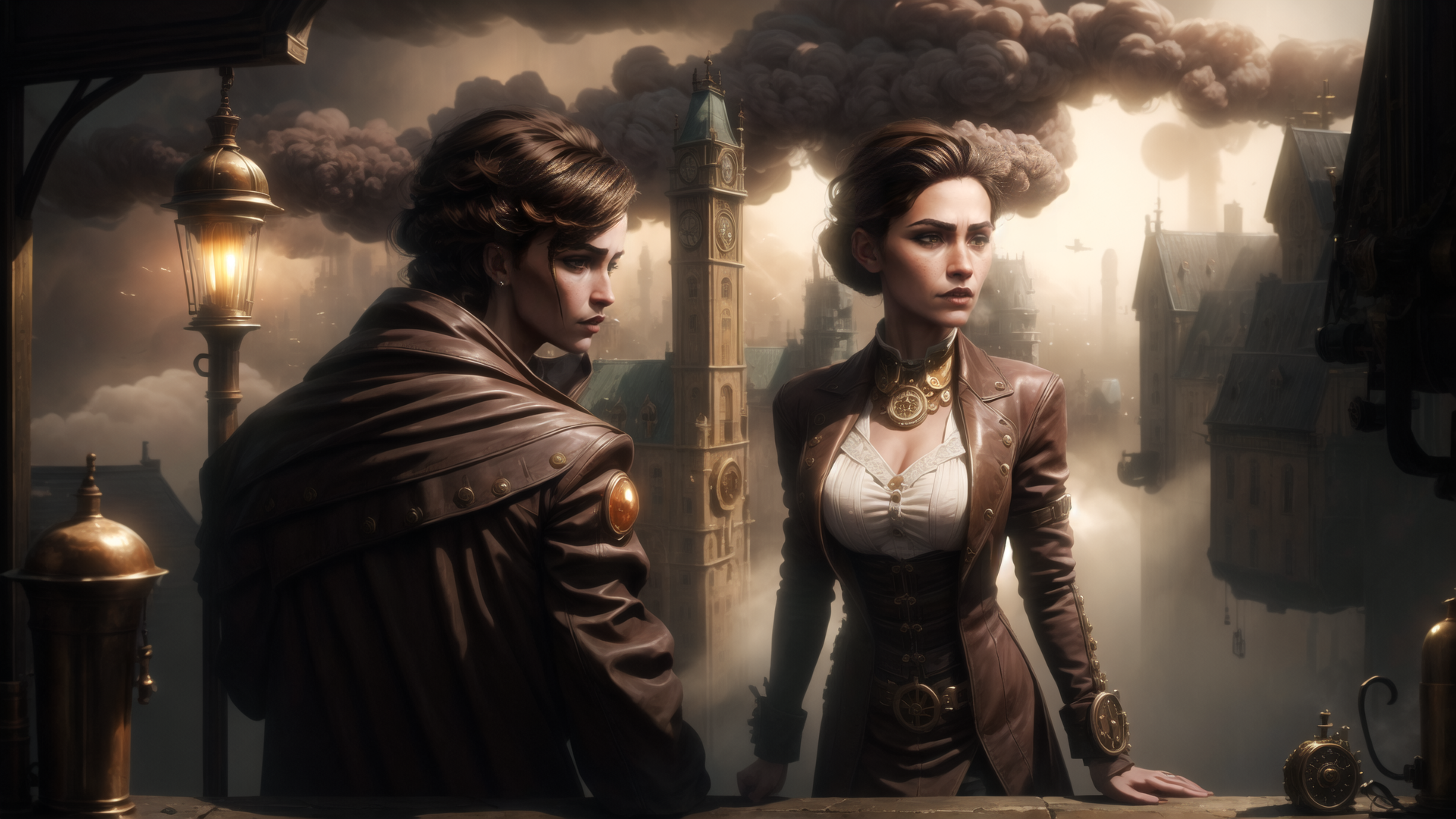 AI generated wallpaper featuring women, clock tower, steampunk city