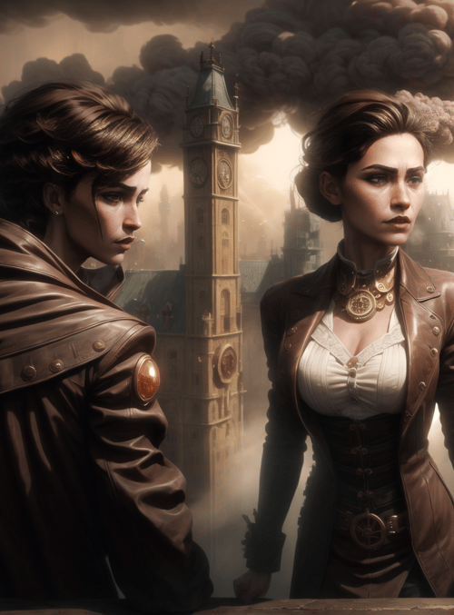 women, clock tower, steampunk city