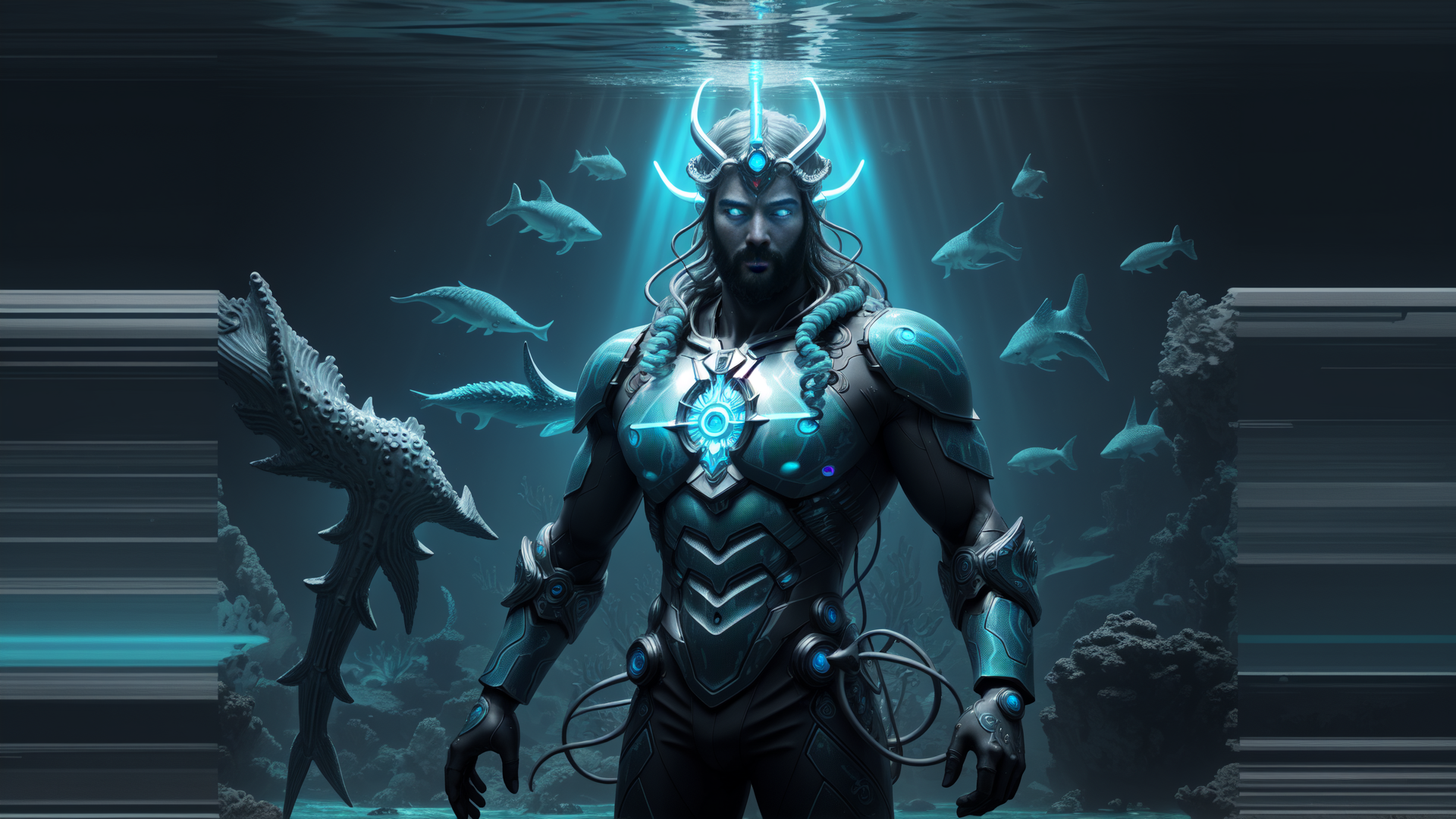 AI generated wallpaper featuring underwater, giant, armor