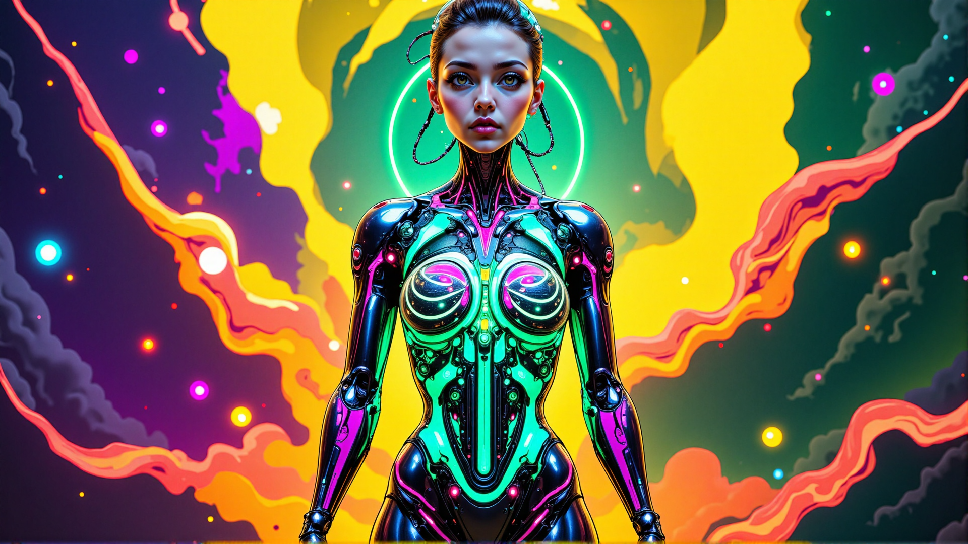 AI generated wallpaper featuring cyborg, female, robot, neon, glow, surreal, digital, fantasy, art, character