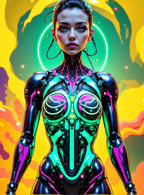 cyborg, female, robot, neon, glow, surreal, digital, fantasy, art, character
