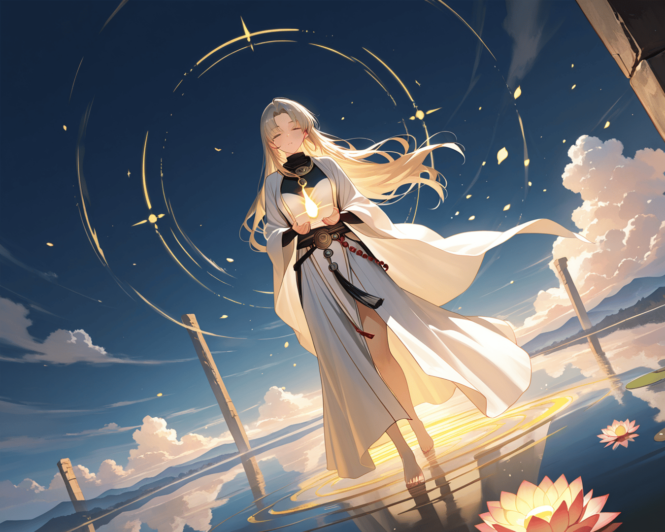 AI generated wallpaper featuring woman, lotus, water