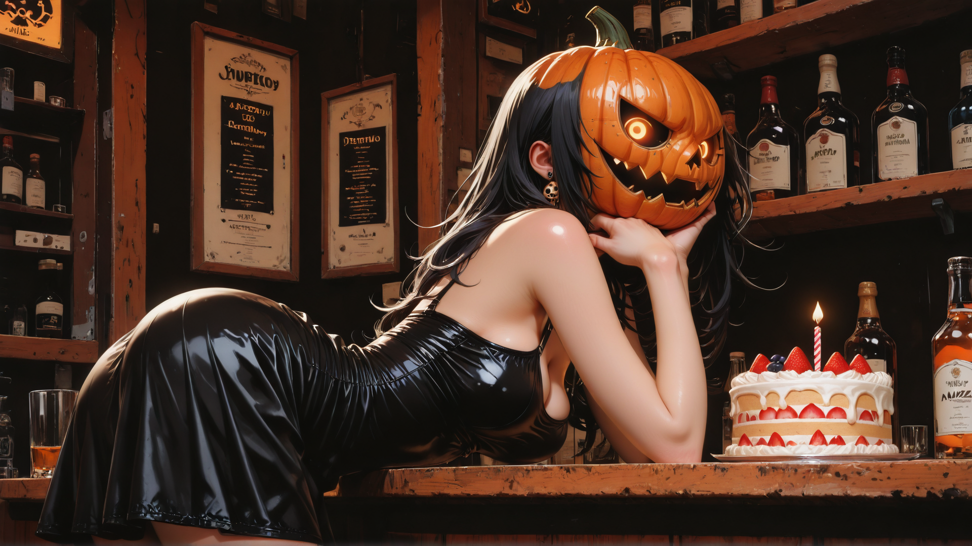 AI generated wallpaper featuring woman, pumpkin, bar, cake, bottle