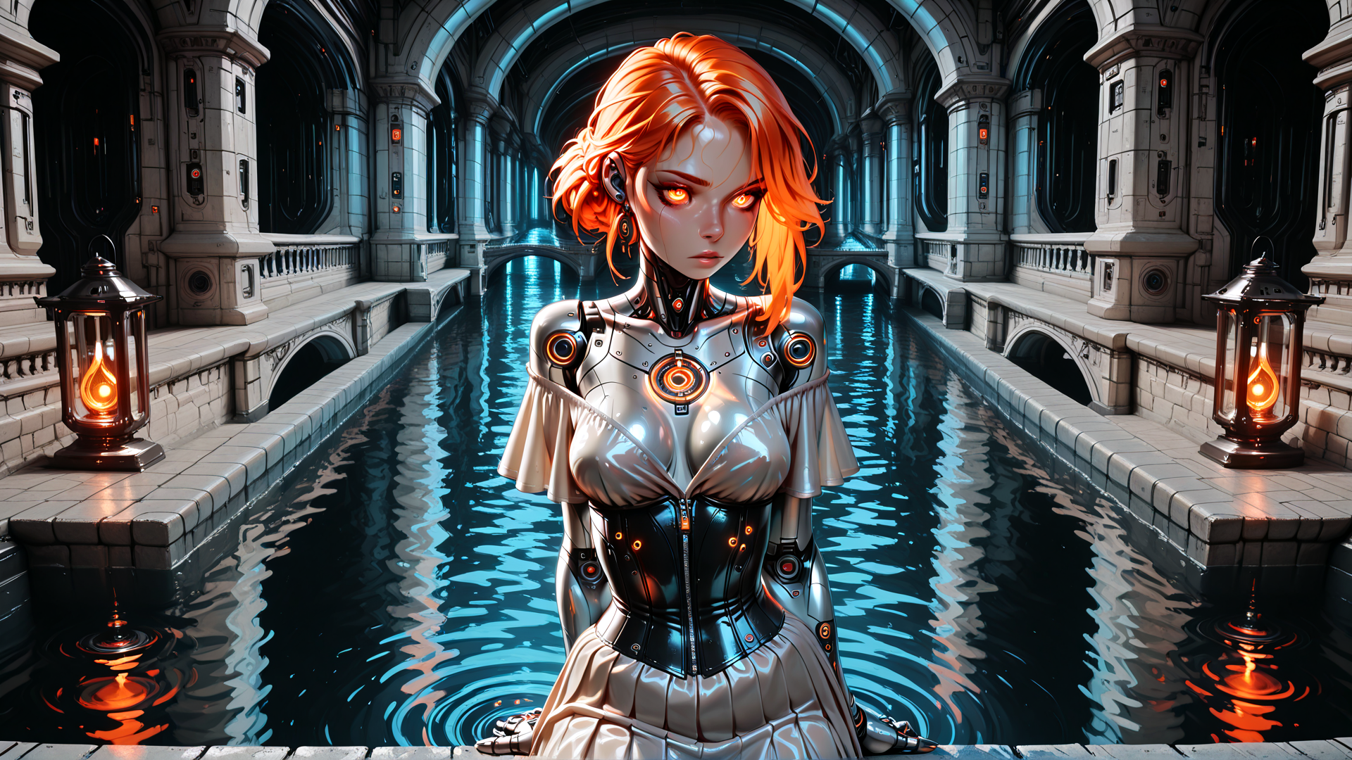 AI generated wallpaper featuring robot, woman, cyborg, giant, lantern, water, architecture, archway, cathedral, city