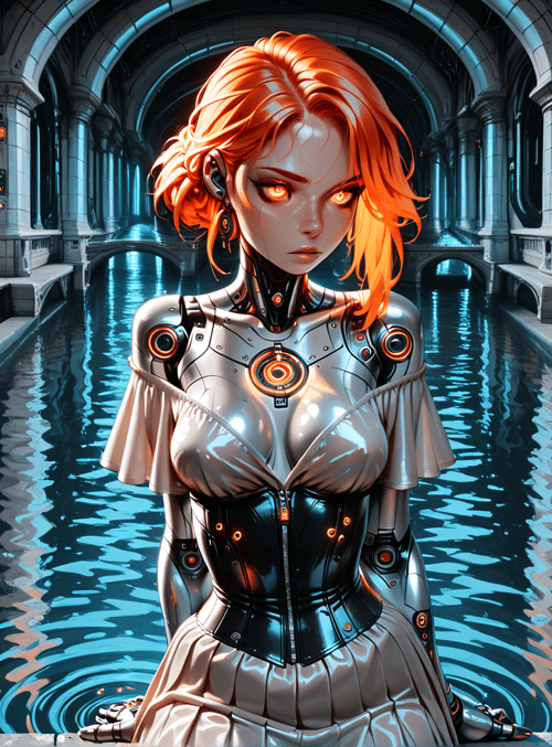 robot, woman, cyborg, giant, lantern, water, architecture, archway, cathedral, city