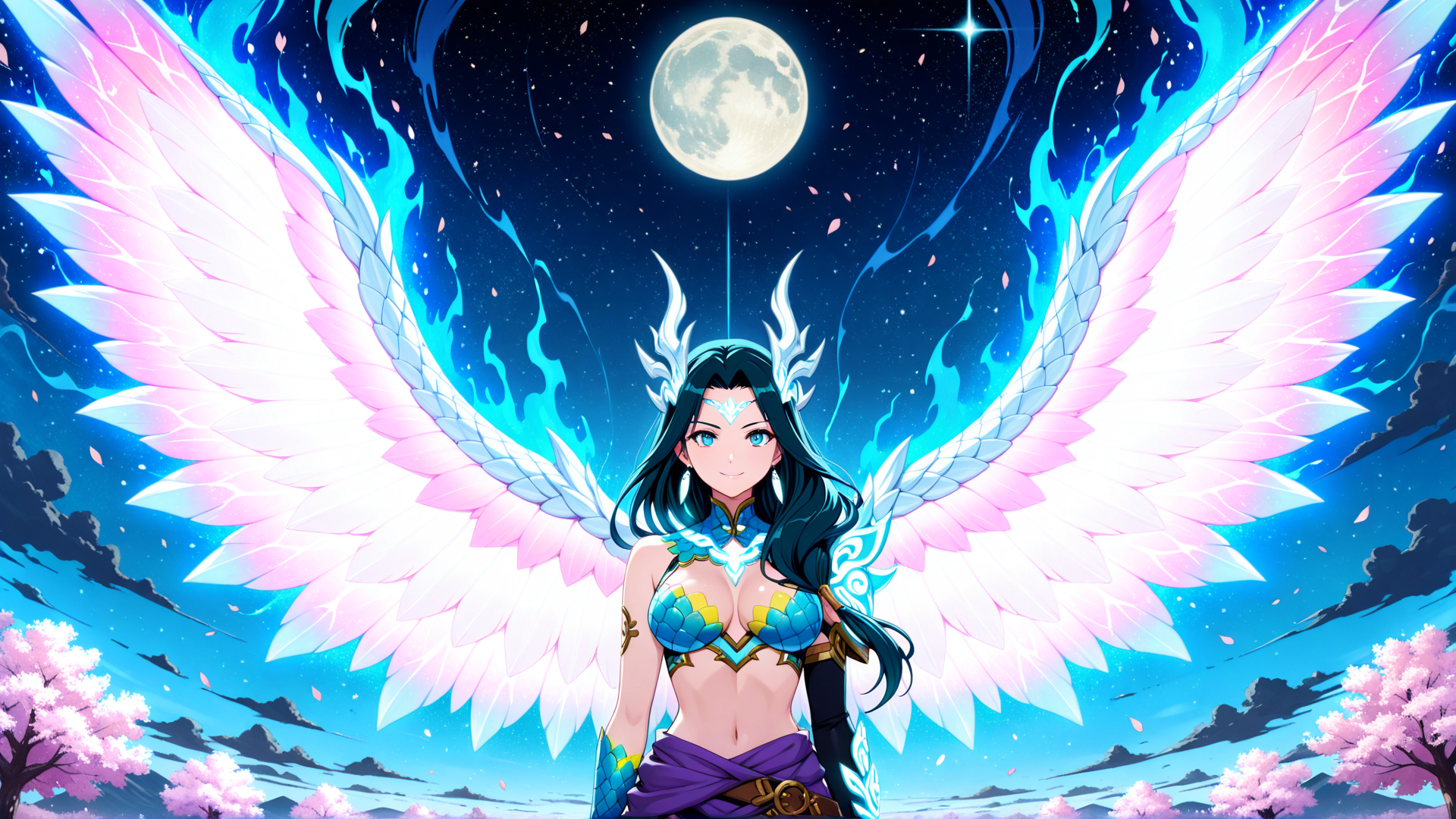AI generated wallpaper featuring angel, woman, wings, cherry blossom, moon, stars, armor, hair, headdress, tree