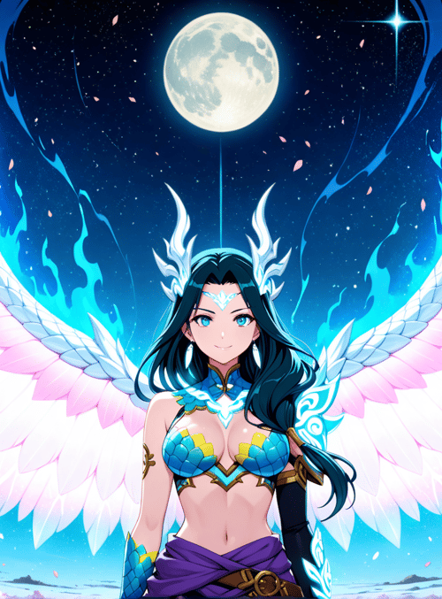 angel, woman, wings, cherry blossom, moon, stars, armor, hair, headdress, tree