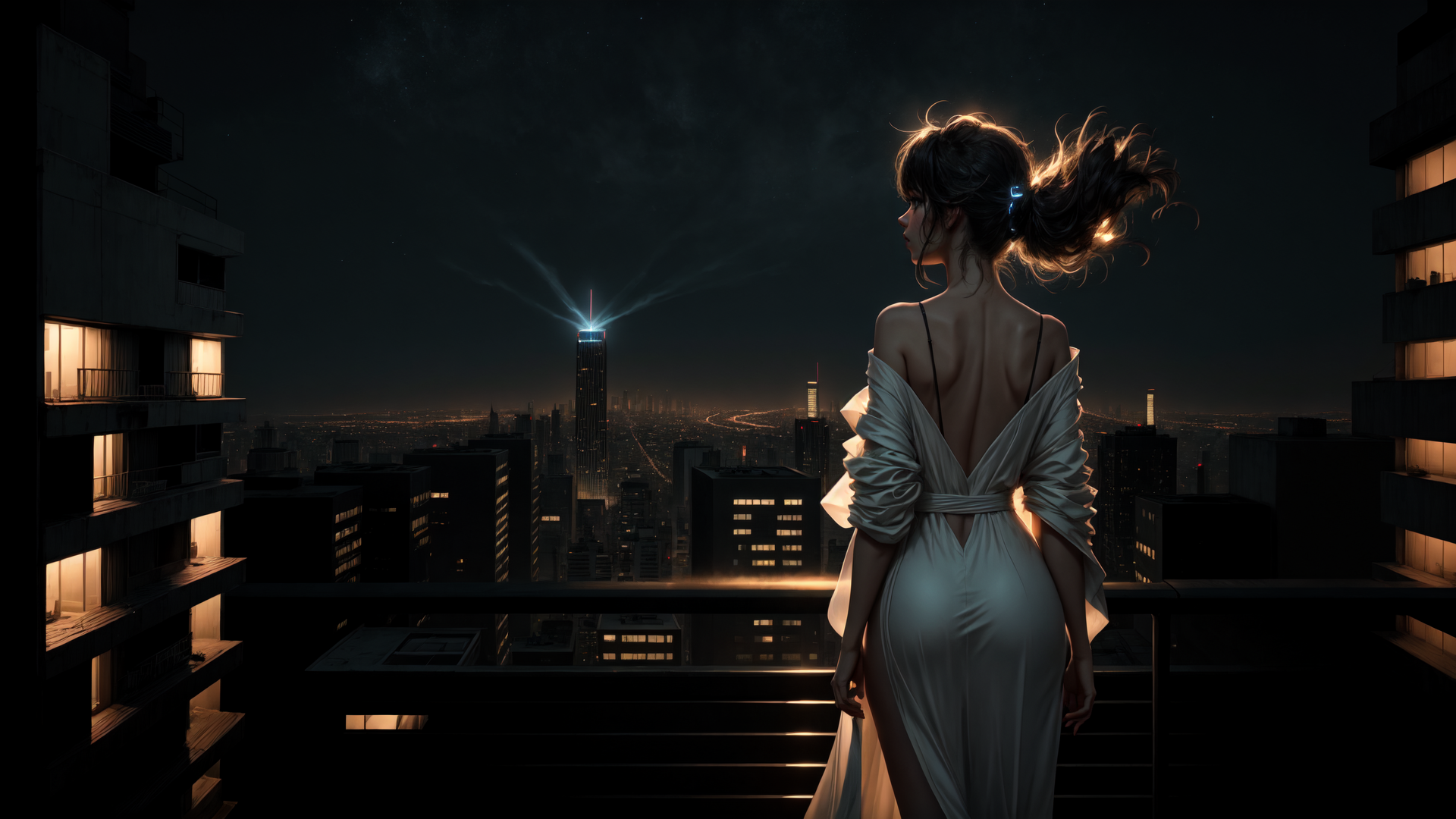 AI generated wallpaper featuring woman, cityscape, night, buildings, skyscraper, dress