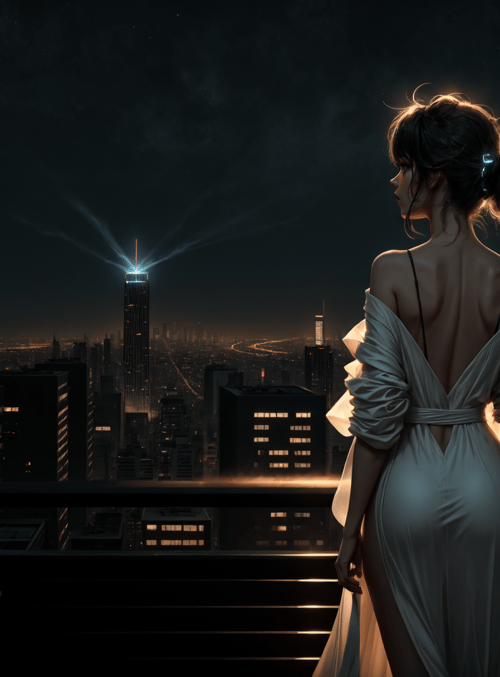 woman, cityscape, night, buildings, skyscraper, dress