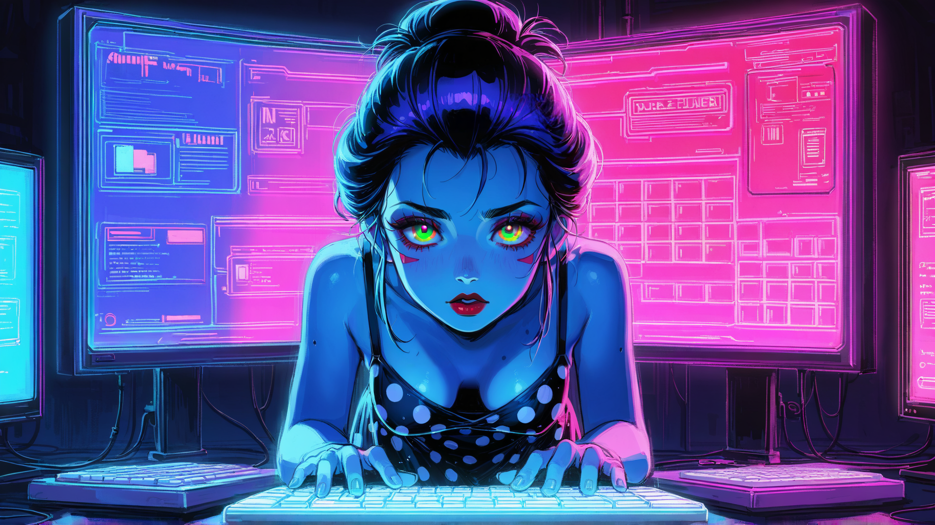 AI generated wallpaper featuring woman, computer, monitor