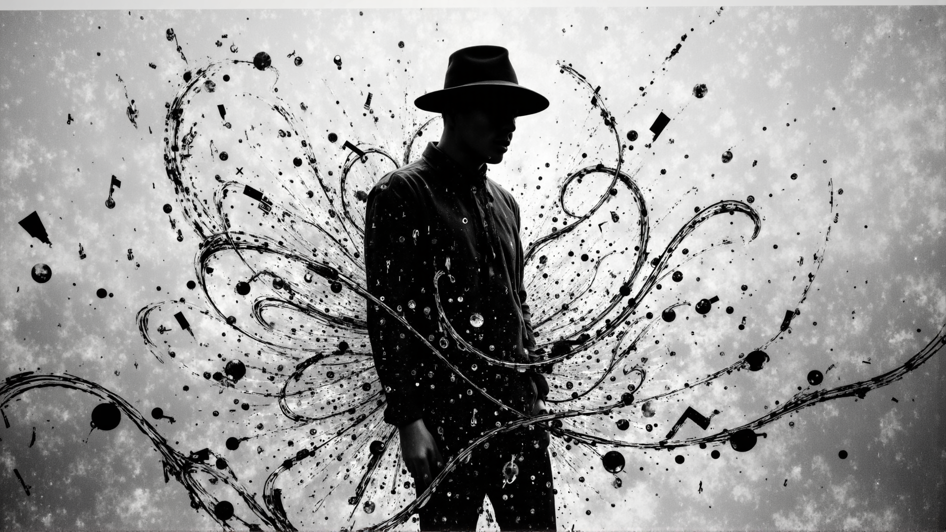 AI generated wallpaper featuring man, hat, silhouette, ink, spiral, dots, abstract, art, music, symbols